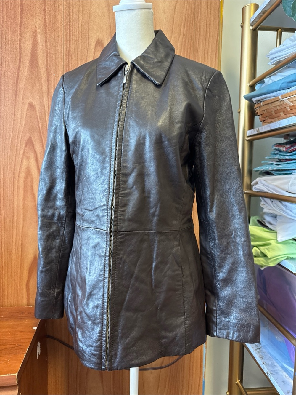 VINTAGE 90’s 00’s Brooks 346 Collared 100% Leather Jacket XS Brown Zip Close